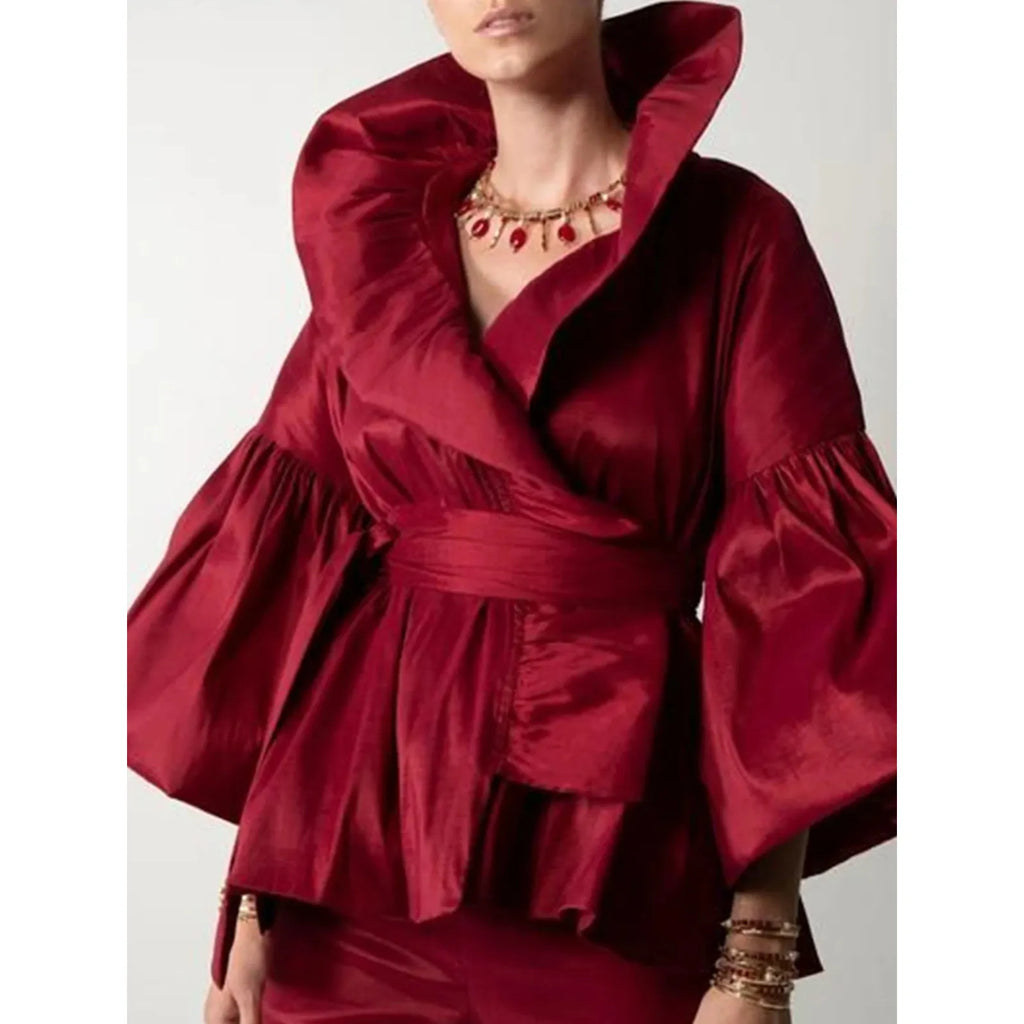 Women's Wrap Shirts Puffy Ruffled Long Sleeve Solid Colors - Frimunt Clothing Co.