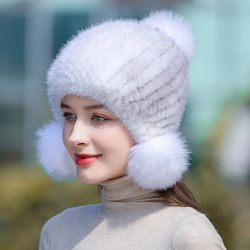 Winter Hot Sale Real Mink Fur Knitted Hat For Women With Fur Pompoms - Frimunt Clothing Co.