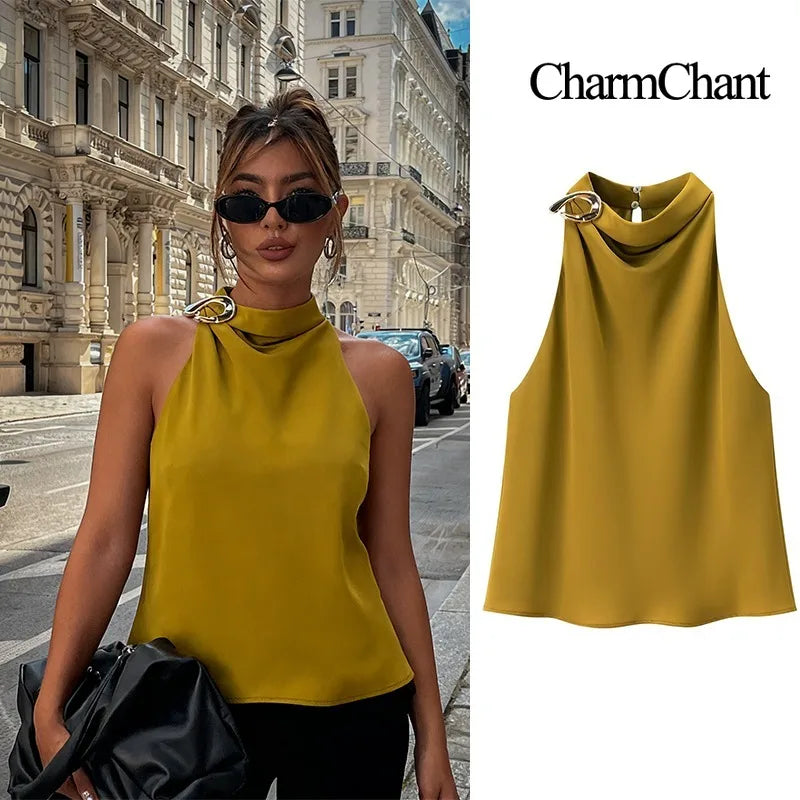 Women's Satin Halter Neck Tops Elegant Side Neck Buckle Sleeveless Blouse
