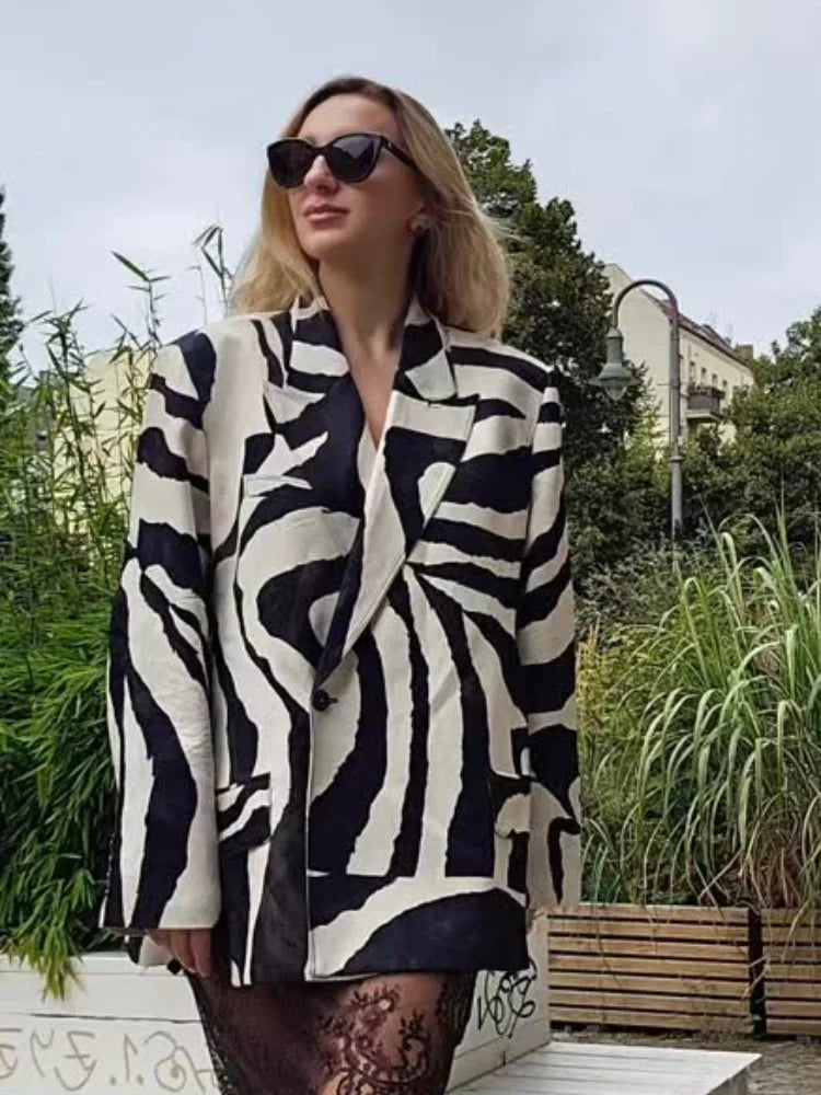 Women's Chic Zebra Stripe Short Coats Lapel V-neck Loose Jackets