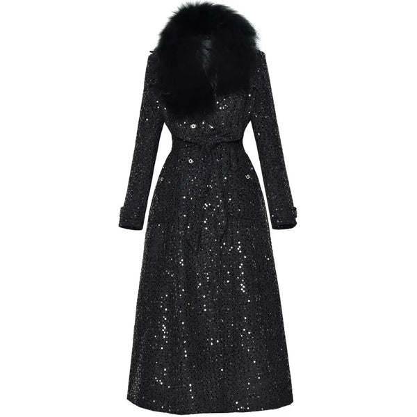 Women's Fur Collar Double Breast Buckle Tie Waist Sequined Long Thick Coat