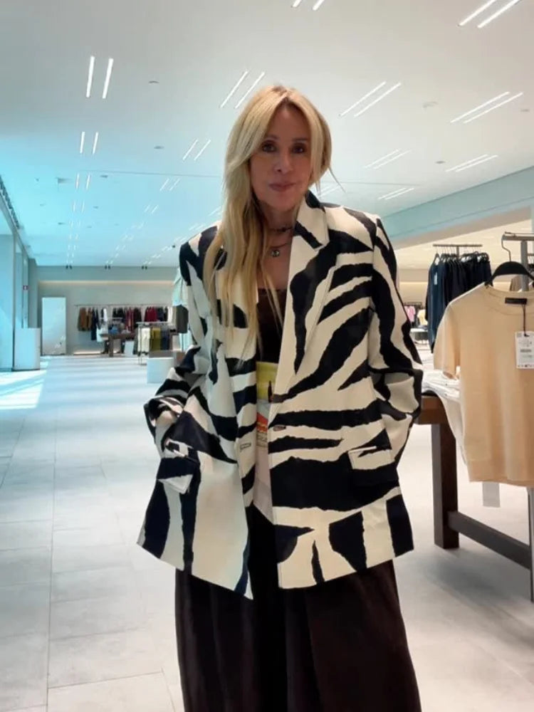 Women's Chic Zebra Stripe Short Coats Lapel V-neck Loose Jackets