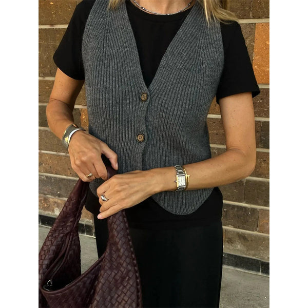 Women's Knit Casual Ribbed Solid Slim V-Neck Vest Cardigan