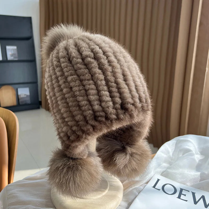 Winter Hot Sale Real Mink Fur Knitted Hat For Women With Fur Pompoms - Frimunt Clothing Co.