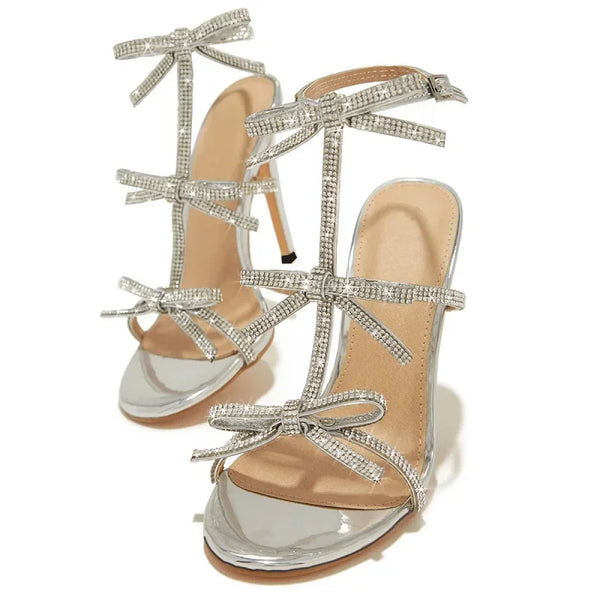 Crystal Bowknot Narrow Band Women's High Heel Sandals