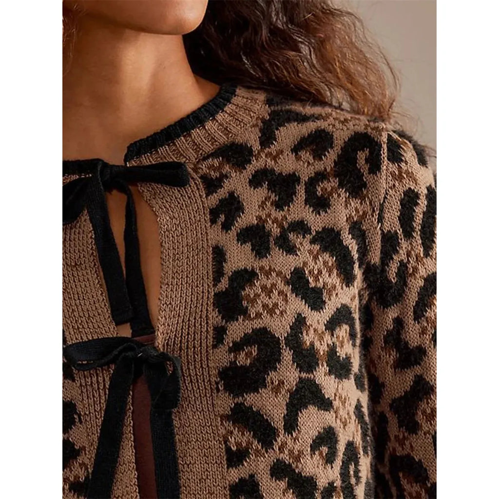 Women Knit Cardigan Leopard Print Ribbed Long Sleeve Tie Front Closure - Frimunt Clothing Co.