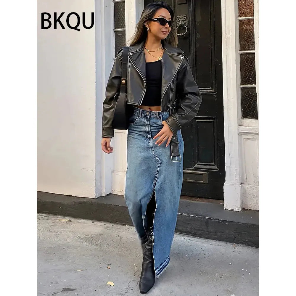 Women's High Waist Front Slit Long Denim Skirts Frayed Raw Hem - Frimunt Clothing Co.