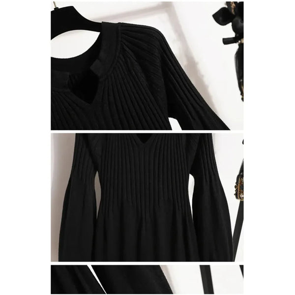 Fall Winter Knit Dresses Elegant Solid Long Sleeve High Waist A-line