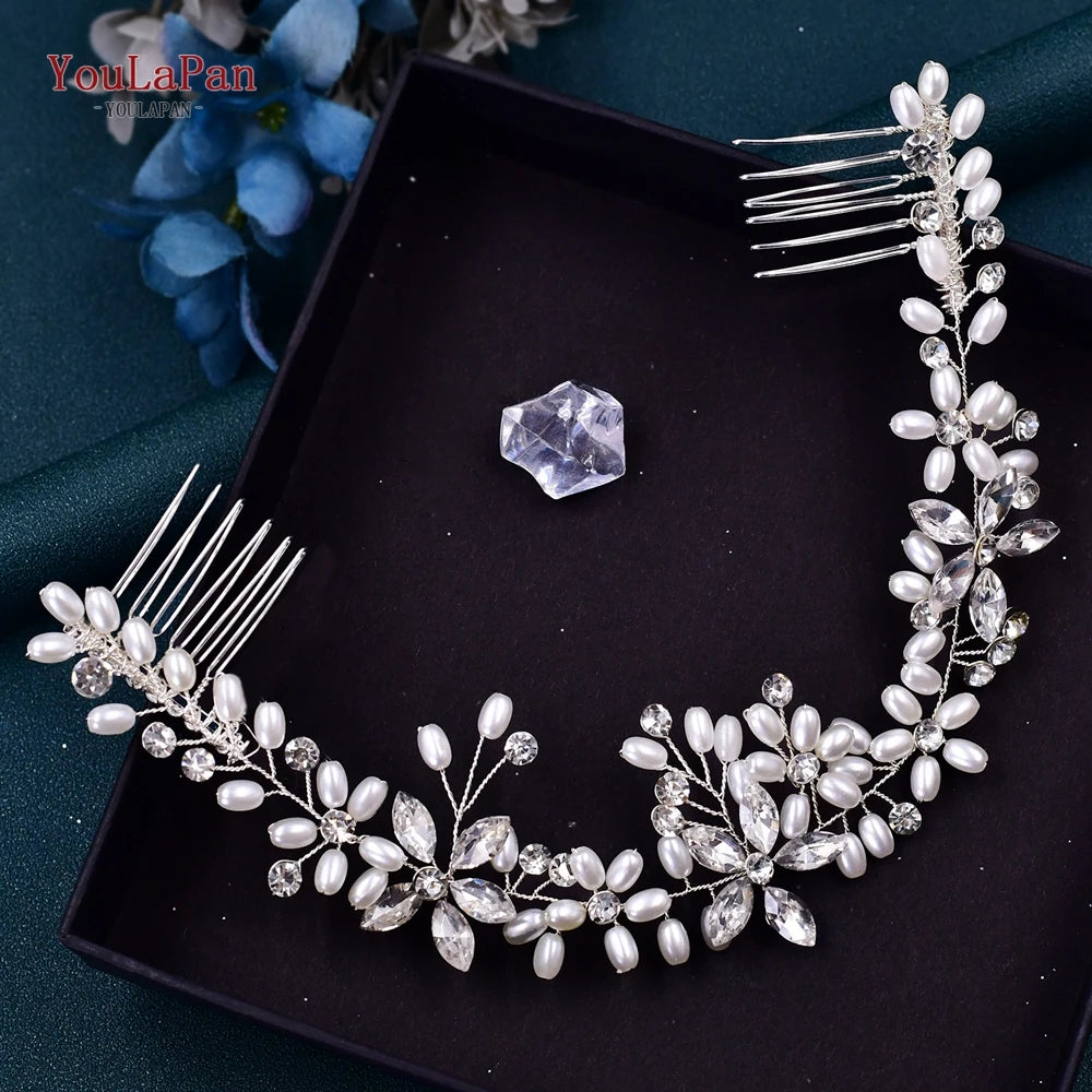 Pearl Wedding Headband with Combs Woman Hair Clip Bride Tiara Headpiece Rhinestone Bridal Headwear - Frimunt Clothing Co.