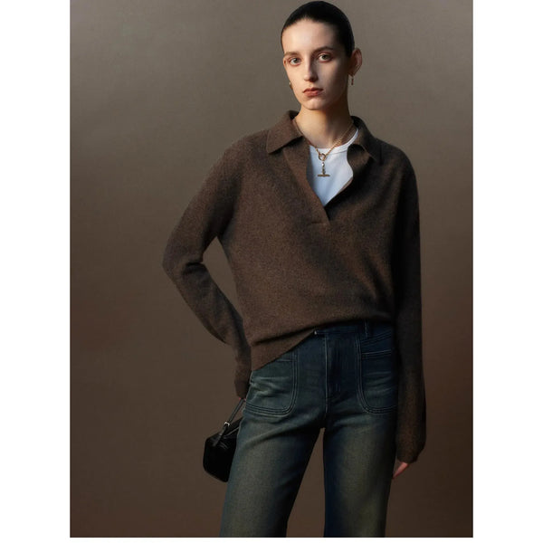 100% Cashmere Polo Scissors Collar Knit Sweater