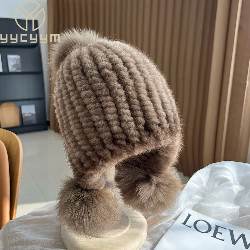 Winter Hot Sale Real Mink Fur Knitted Hat For Women With Fur Pompoms - Frimunt Clothing Co.