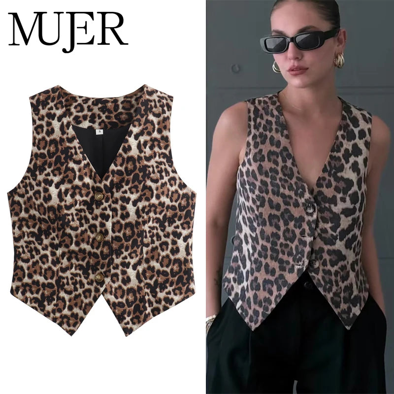 Leopard Print Vests for Women Waistcoat Cropped
