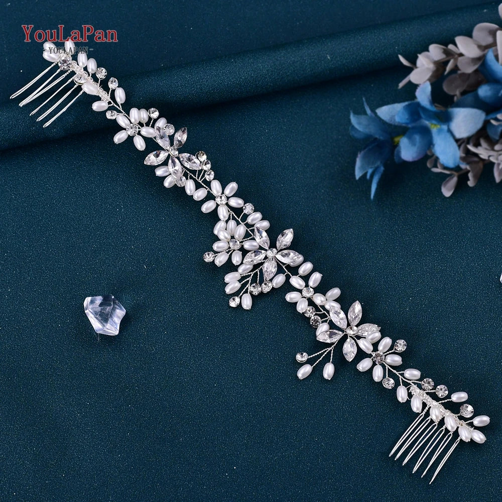 Pearl Wedding Headband with Combs Woman Hair Clip Bride Tiara Headpiece Rhinestone Bridal Headwear - Frimunt Clothing Co.