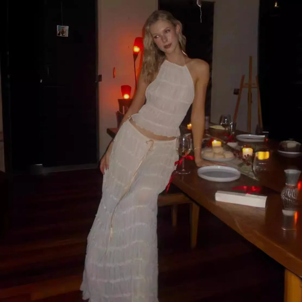 Women's Halter Backless Top & Drawstring Maxi Skirt 2 Piece Set - Frimunt Clothing Co.