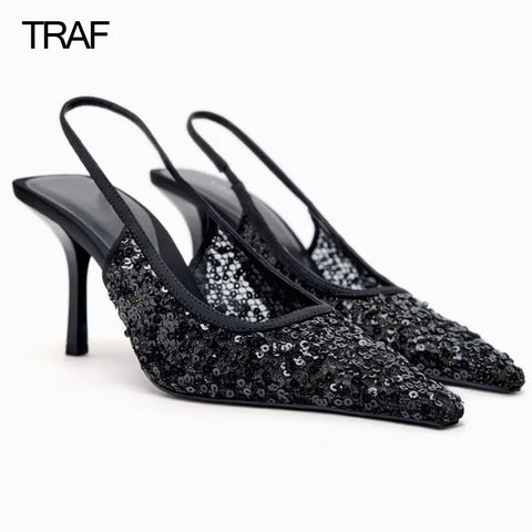 Women Black Mesh Sequins Pointed Toe High Heels Slingback Shoes - Frimunt Clothing Co.