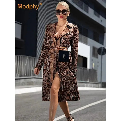 Women's Winter Leopard Print Belted Coat