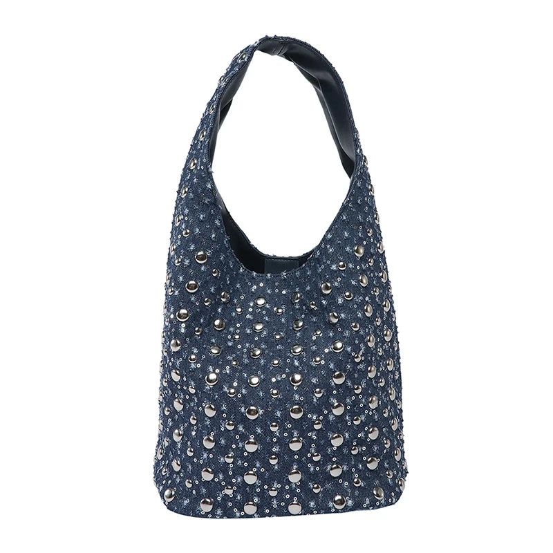 Women's Denim Rivet Bucket Shoulder Bag - Frimunt Clothing Co.