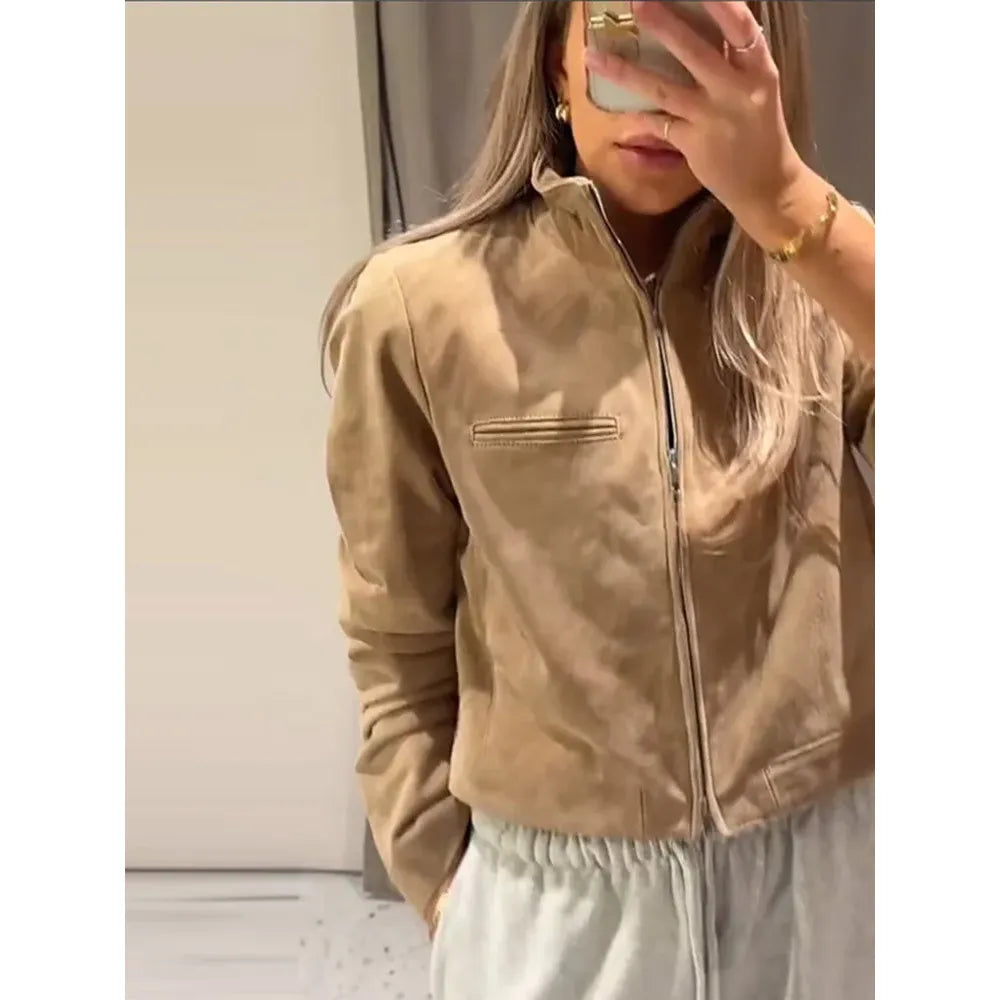 Women's Stand Collar Suede Zippered Short Jackets - Frimunt Clothing Co.