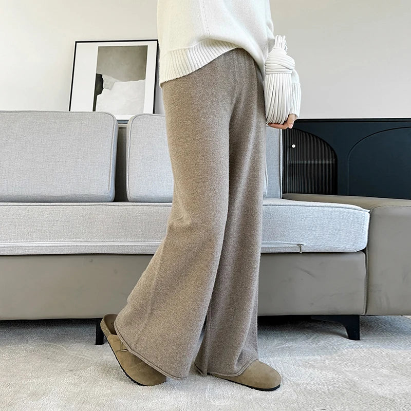 Women's Pure Warm Wool Knit Casual High-Waist Loose Hemmed Wide-Leg Fall-Winter Pants