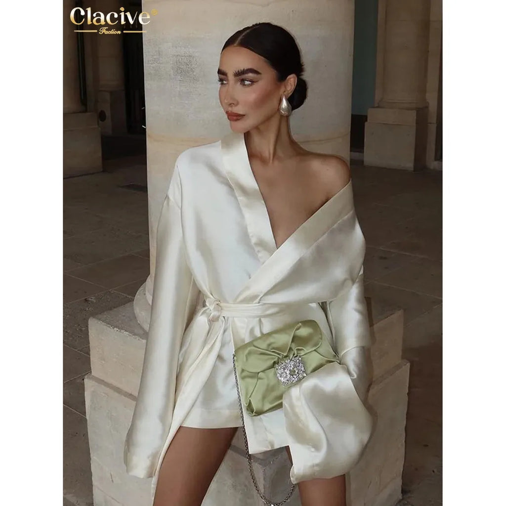 Women's Loose Beige Satin V-Neck Long Sleeve Kimono Jacket/Mini Dress - Frimunt Clothing Co.