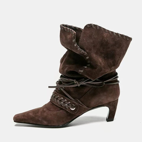 Autumn Winter Brown Suede Weave Lace-up Women Pleated Ankle Boots