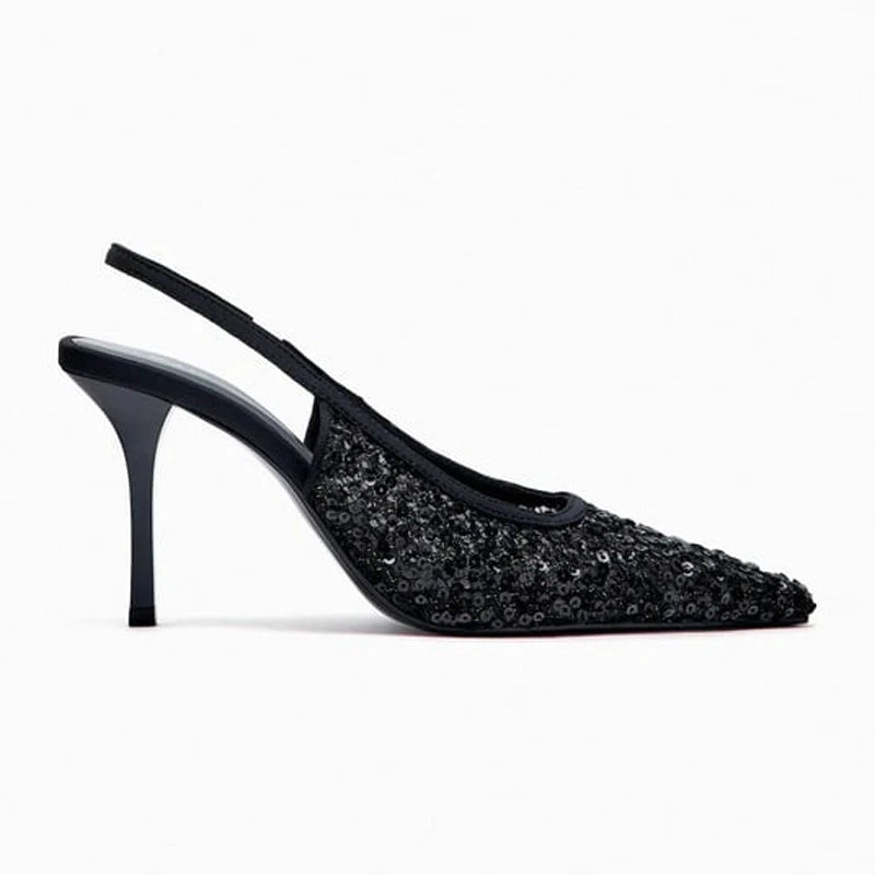 Women Black Mesh Sequins Pointed Toe High Heels Slingback Shoes - Frimunt Clothing Co.