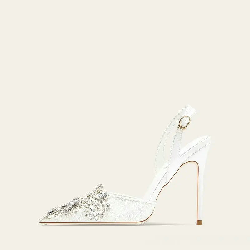 Sandalias de mujer con tiras en la espalda, cristales, punta puntiaguda, tacones altos, zapatos de boda