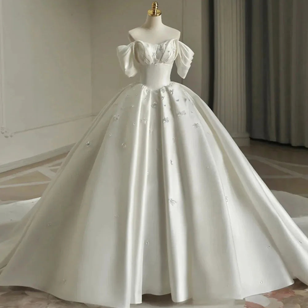 Isabella Off-Shoulder Satin Ball Gown with Crystal Appliqué With Chapel Train - Frimunt Clothing Co.
