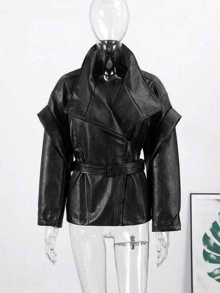Women's Lace Up Side Zipper Stand Collar Long Sleeve Eco Leather Jacket