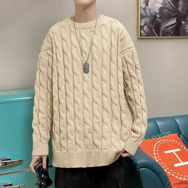 Men's  Crewneck Sweater Loose Style Twist Knit Pullover - Frimunt Clothing Co.