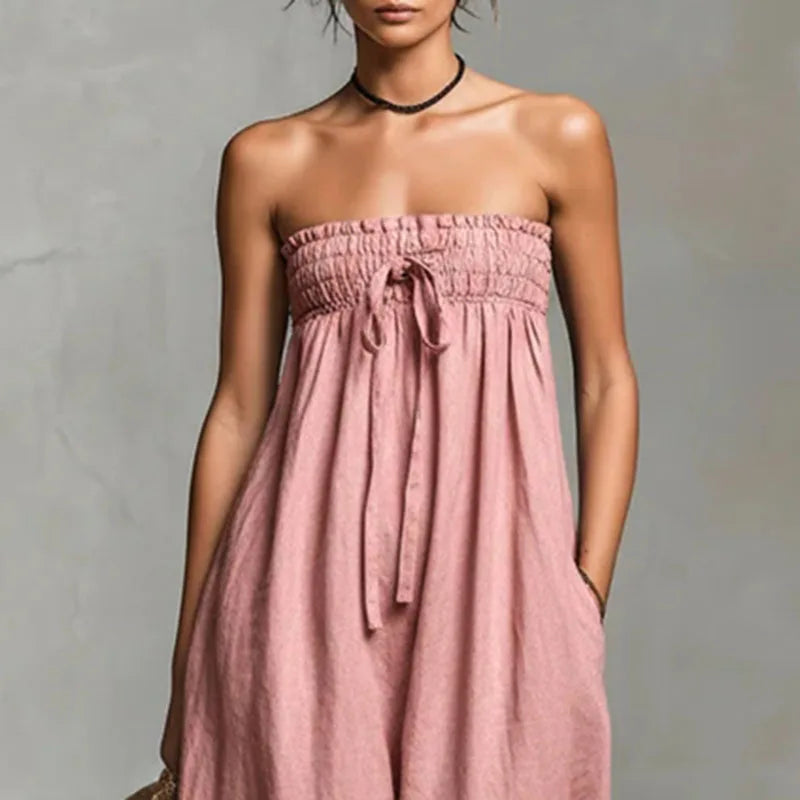 Woman's Elegant Ruched Tie Front Strapless Backless Wide Leg Jumpsuits Spring Summer