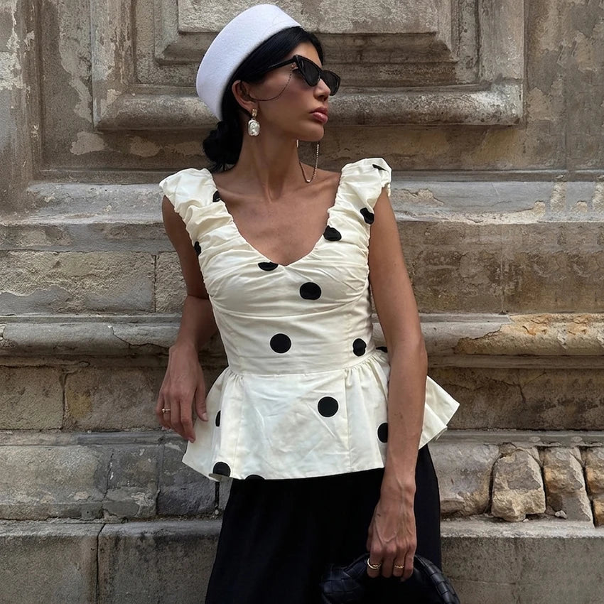 Vintage Polka Dot Backless Tank Tops Summer Street Chic Deep V Neck