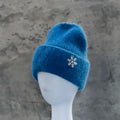 Women's Winter Knit Cuff Hat Real Warm Rabbit Hair Snowflake Pin Solid Colors - Frimunt Clothing Co.