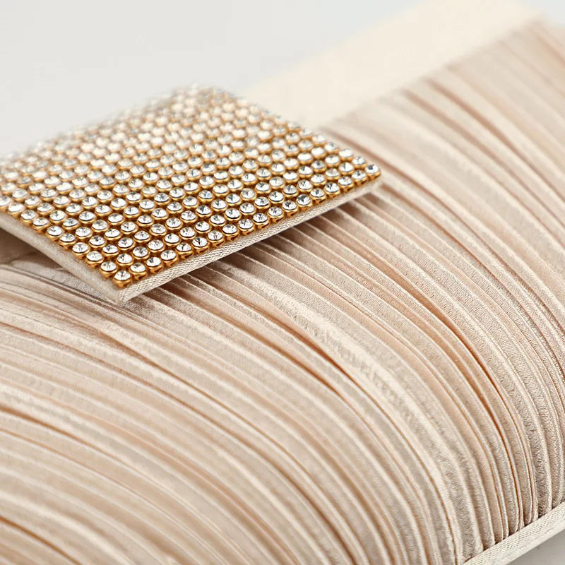 Pleated Satin And Rhinestones Evening Bag Light Party Clutch - Frimunt Clothing Co.