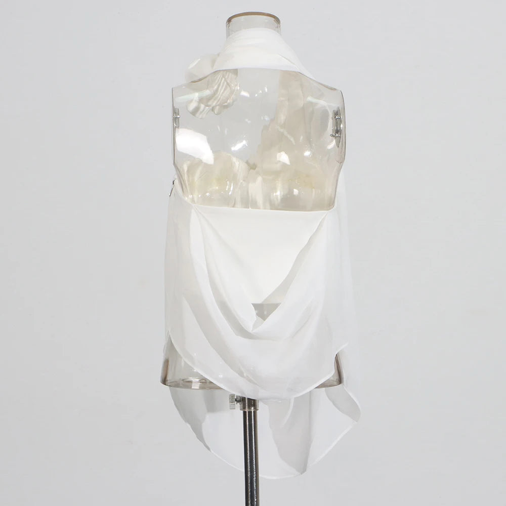 Draped Halter Top – Silk Chiffon with 3D Flower (White & Black) - Frimunt Clothing Co.