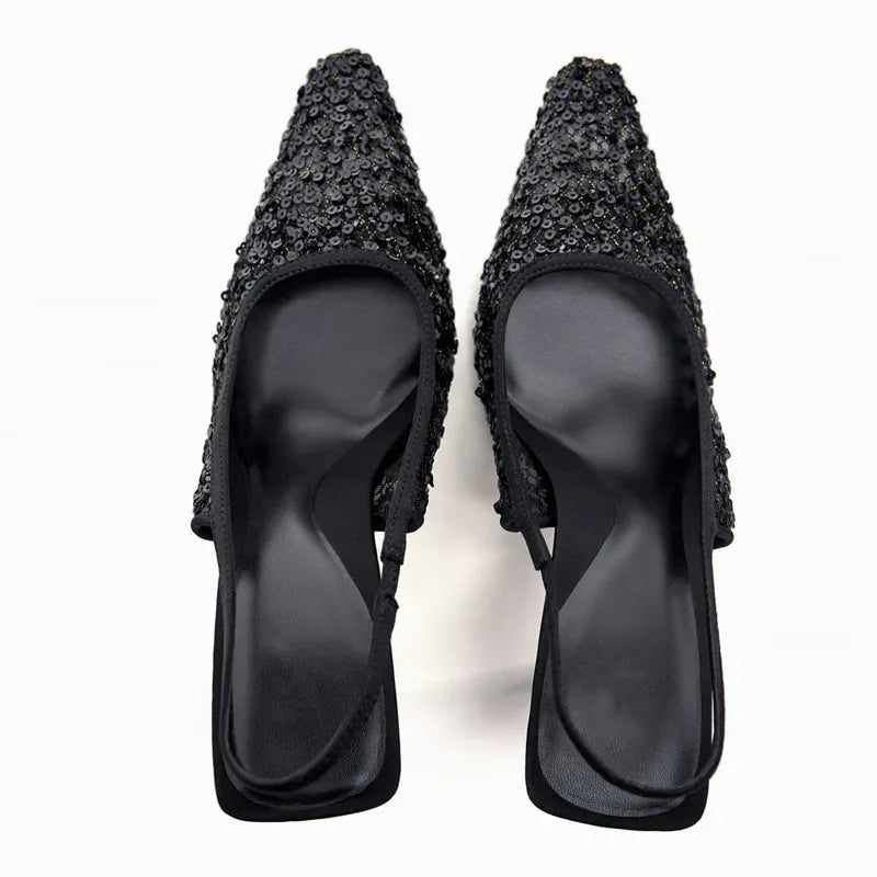 Women Black Mesh Sequins Pointed Toe High Heels Slingback Shoes - Frimunt Clothing Co.
