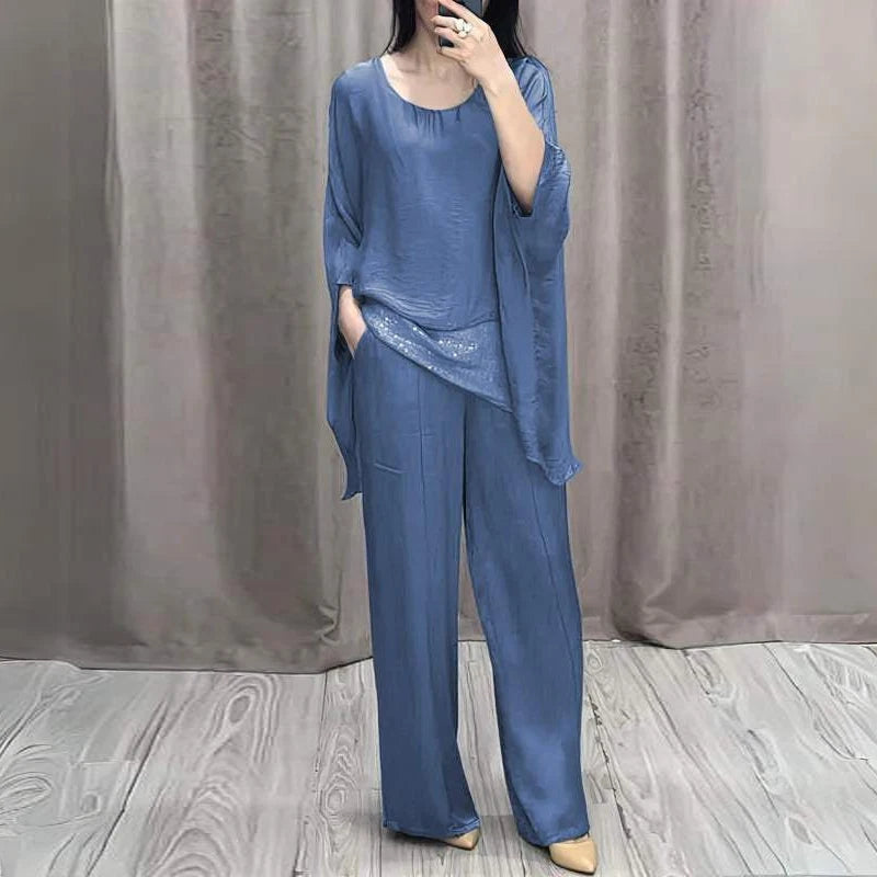 Women's Spring Retro Outfit Casual Round Neck Batwing Sleeve Top & Long Loose Pants Set Summer 2pcs Suit - Frimunt Clothing Co.