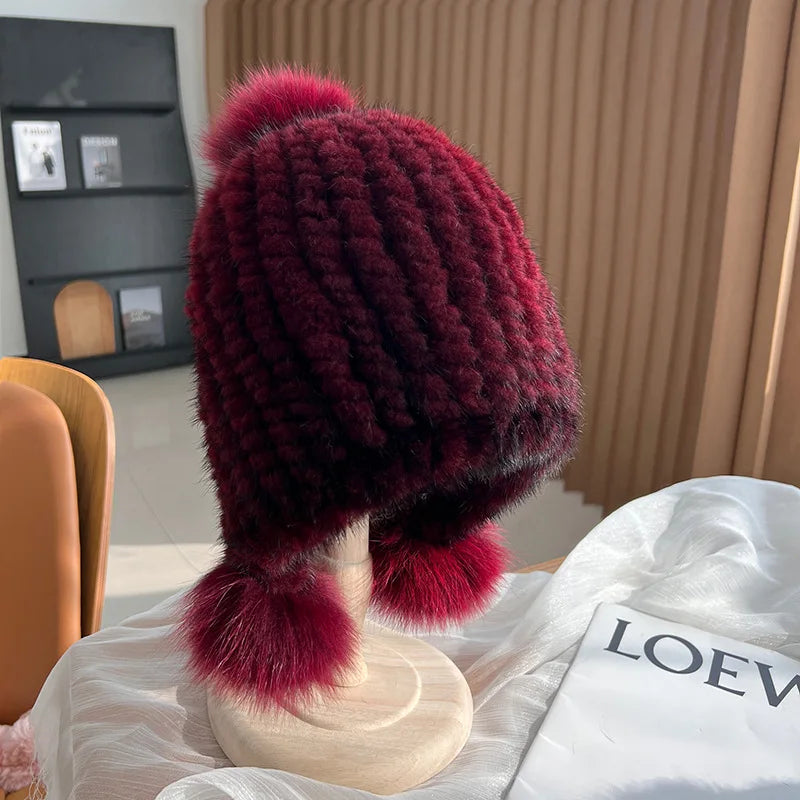 Winter Hot Sale Real Mink Fur Knitted Hat For Women With Fur Pompoms - Frimunt Clothing Co.