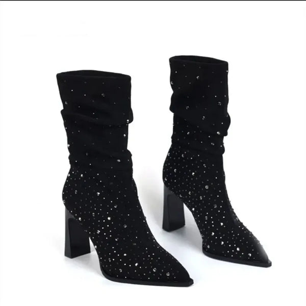 Women's Fashion High Heel Pointy Suede Sleeve Sequined Pleated Boots