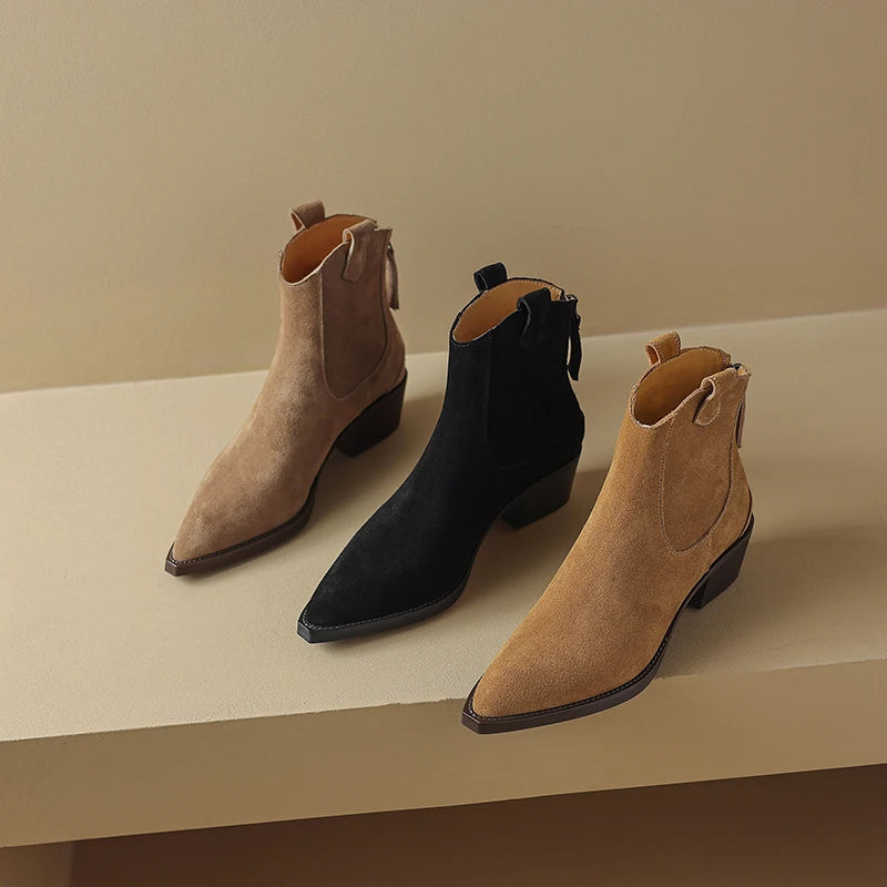 Women's Pointed Toe Zippered Western Genuine Cow Suede Cowboy Boots - Frimunt Clothing Co.