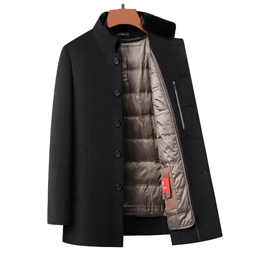 Men's Insulated Wool-Blend Winter Coat Mid-Long Style With Removable Down Filled Liner