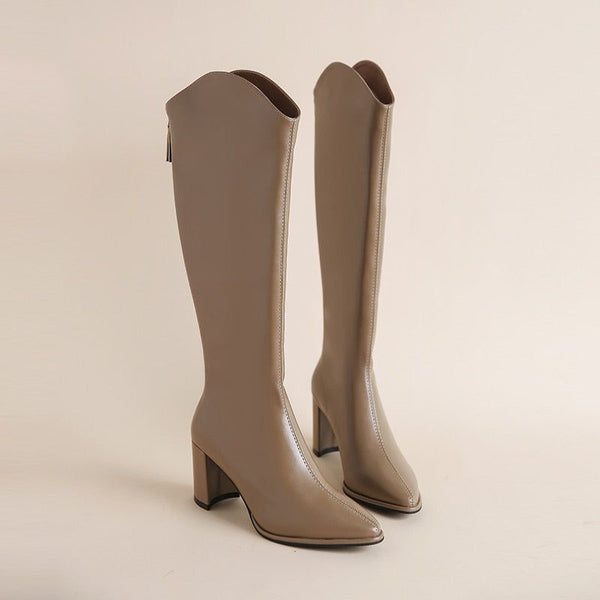 Women's Autumn Winter Eco Leather Knee High Zippered Boots Thick High Heels - Frimunt Clothing Co.