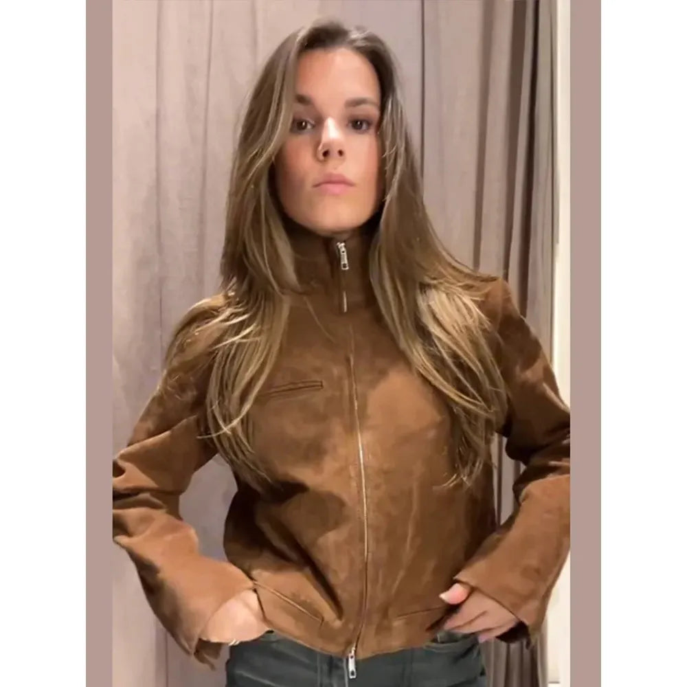 Women's Stand Collar Suede Zippered Short Jackets - Frimunt Clothing Co.