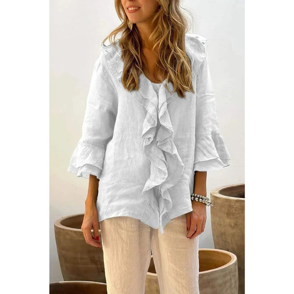 Lena Relaxed Boho Style Blouse with Flounce Neckline 3/4 Sleeve - Frimunt Clothing Co.