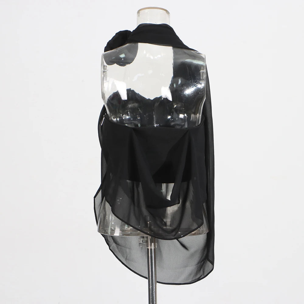 Draped Halter Top – Silk Chiffon with 3D Flower (White & Black) - Frimunt Clothing Co.