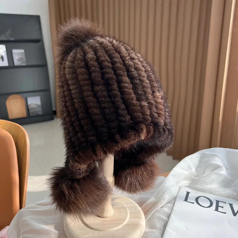 Winter Hot Sale Real Mink Fur Knitted Hat For Women With Fur Pompoms - Frimunt Clothing Co.