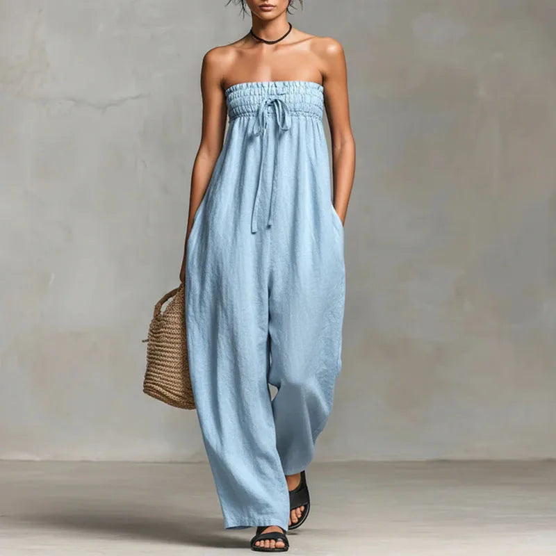 Woman's Elegant Ruched Tie Front Strapless Backless Wide Leg Jumpsuits Spring Summer