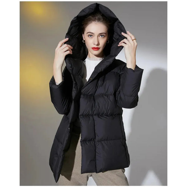 2023 Winter Women's Down Filled Jackets Ultra Light Hooded Puffer With Belt Plus Size - Frimunt Clothing Co.