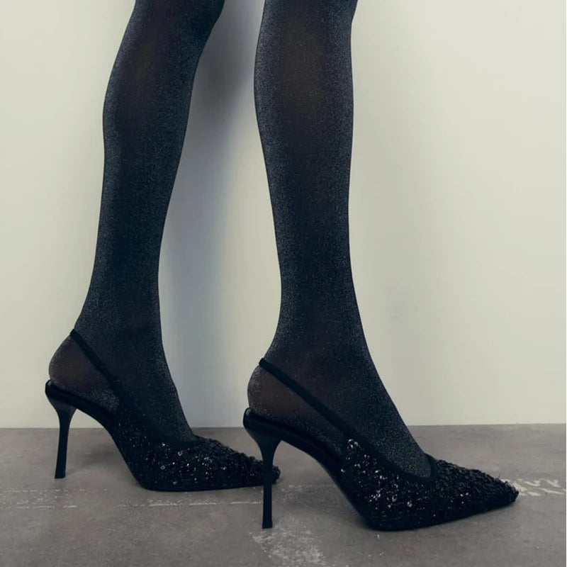 Women Black Mesh Sequins Pointed Toe High Heels Slingback Shoes - Frimunt Clothing Co.