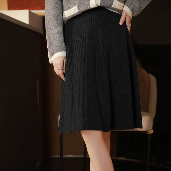 Women's Winter 100% Cashmere Wool Knitted Skirt Solid Colors Pleated A Line